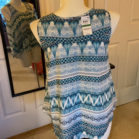 PL STYLE & CO NWT SLEEVELESS BUTTON BLOUSE SCOOP NECK TURQUOISE WHITE ABSTRACT - Picture 6 of 8